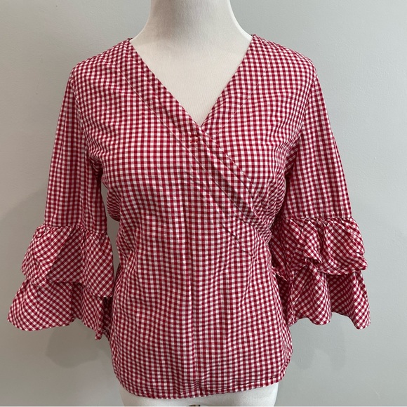 BEACHLUNCHLOUNGE Arianna Gingham Wrap Tie Top small boho chic beachy peasant - Picture 2 of 7